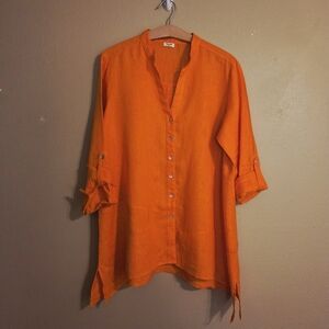 SYMPLE NYC Orange 100% Linen Lagenlook Asymetrical Roll Tab Sleeve Tunic Size L